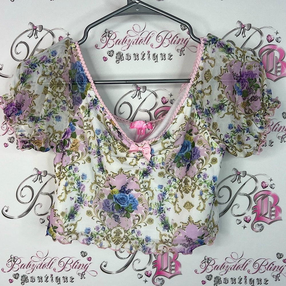 Sugar Thrillz dolls kill cropped top bows roses blue Floral Puff Sleeve Blouse